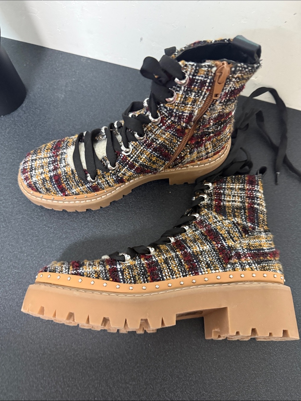 Steve Madden Multi-Color Tweed Lace-Up Combat Boots - Picture 2 of 5